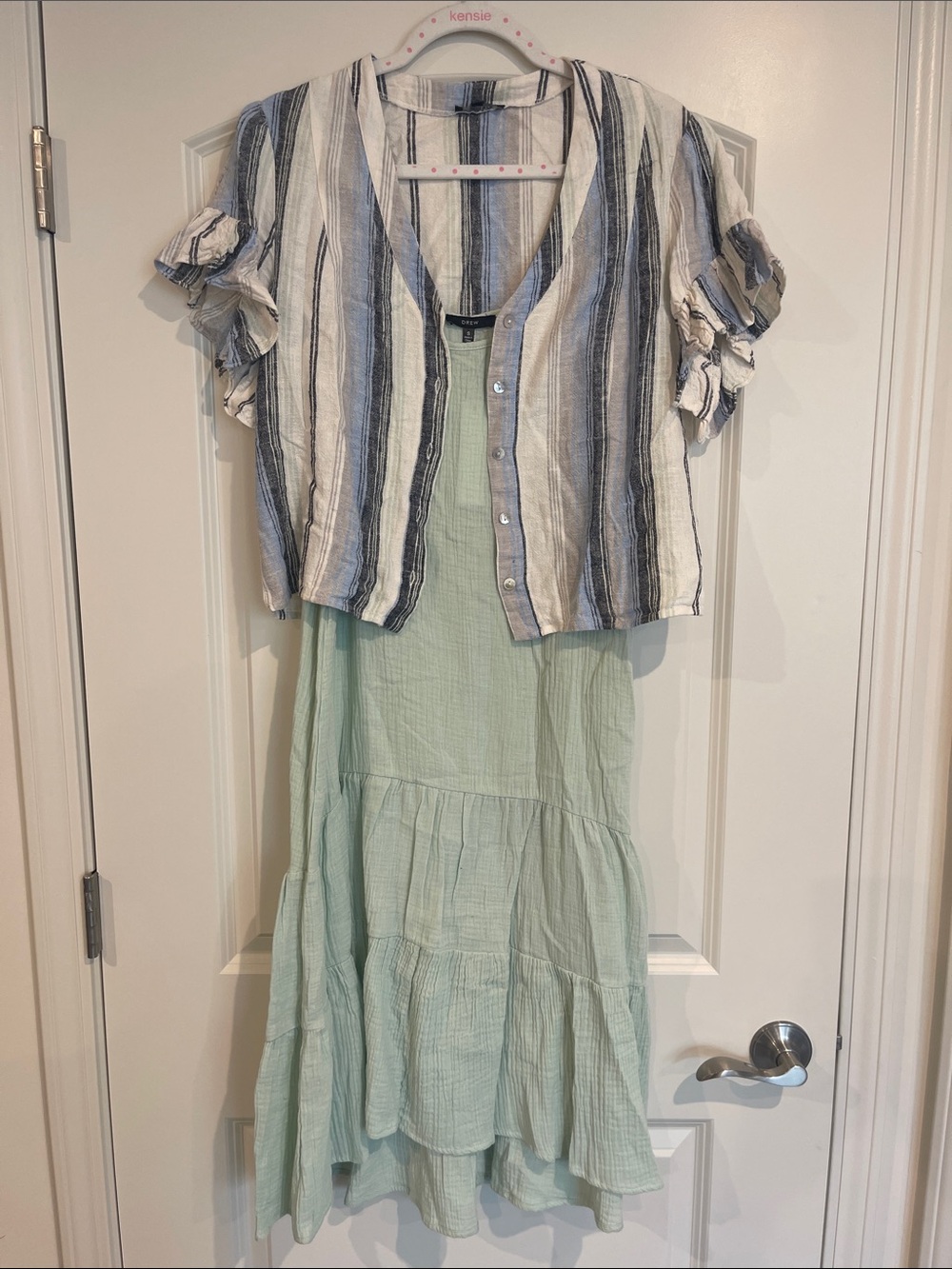 DREW Striped Button Cardigan in Blue, Black & White and Dress
